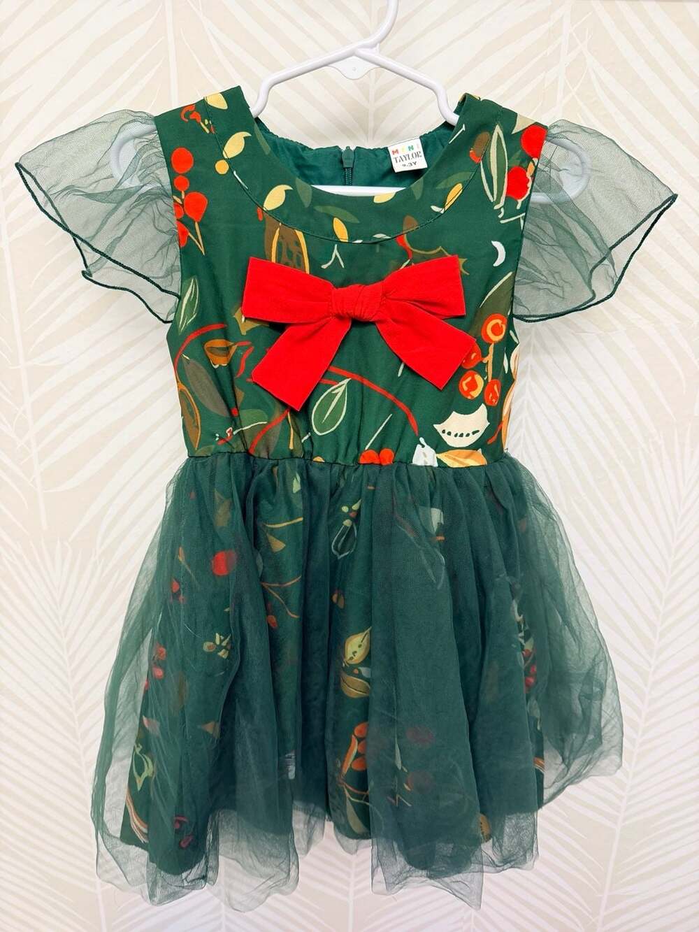 Mini Taylor Dress Size 2-3Y Green Floral Tulle Red Bow Holiday